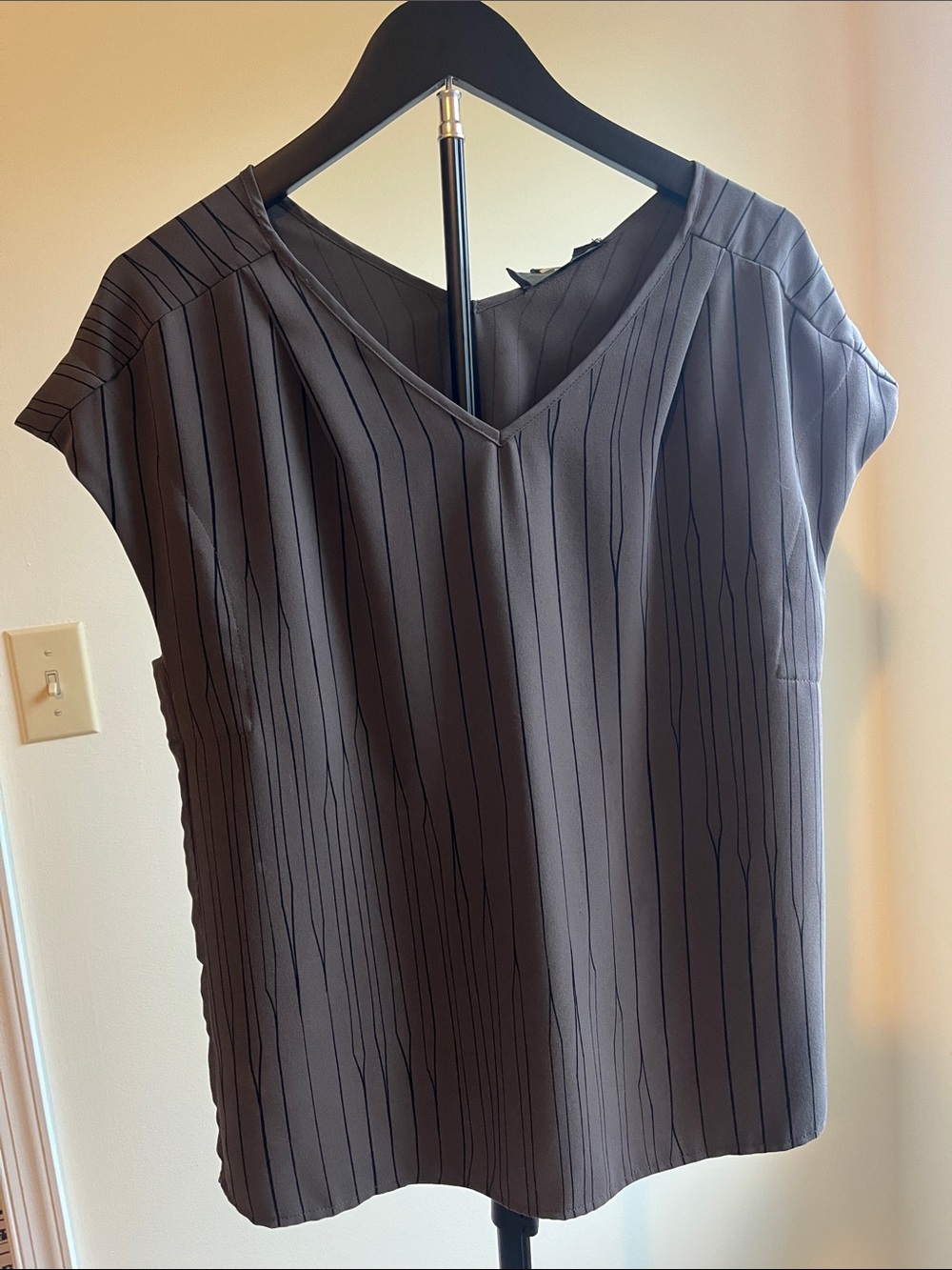 V-Neck Gray Pinstripe Cap Sleeve Blouse